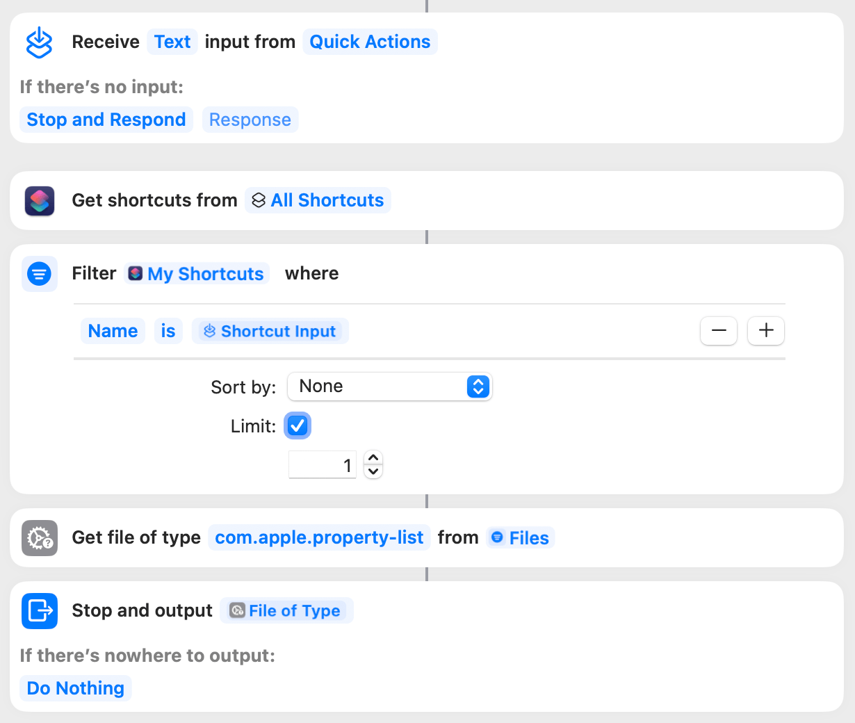 Cropped screenshot of a shortcut containing the following actions: receive text from quick actions stopping if there's no input, get shortcuts from all shortcuts, filter my shortcuts where name is shortcut input limit 1, get file of type com.apple.property-list from files, stop and output file of type doing nothing if there's nowhere to output